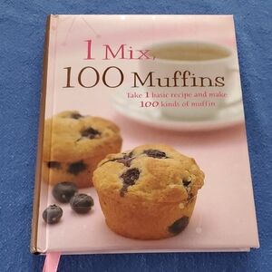 🌻 3 / $20 1 Mix, 100 Muffins Cookbook - Pink Cover with Blueberry Muffin Image